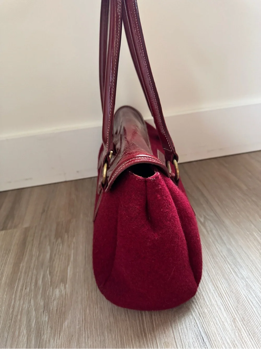 Sofia C. Made in Italy Burgundy Wool Patent Leather Satchel Handbag purse